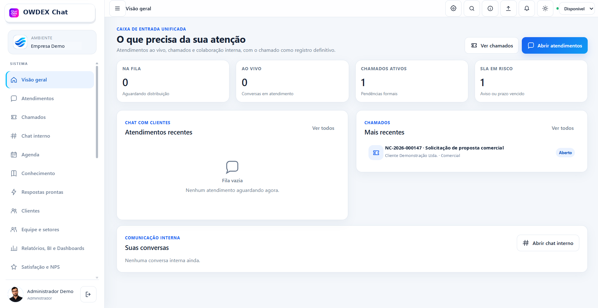 Tela real do OWDEX Chat com dados fictícios de empresa, usuário e chamado